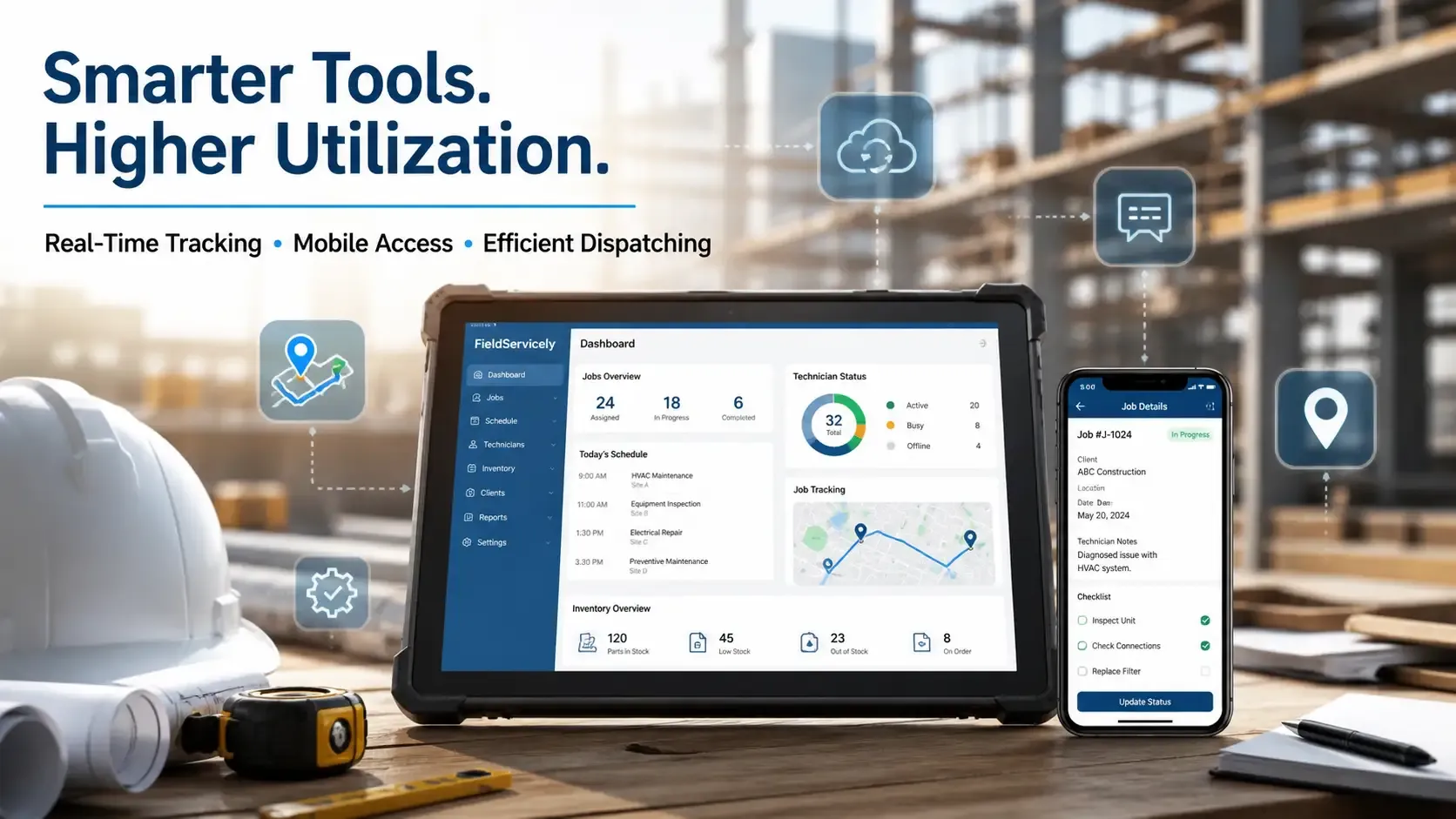 FSM dashboard and mobile tools improving construction technician utilization.
